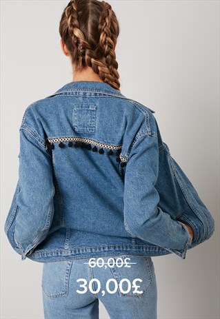 EXCLUSIVE POMPON TRIM OVERSIZED DENIM JACKET