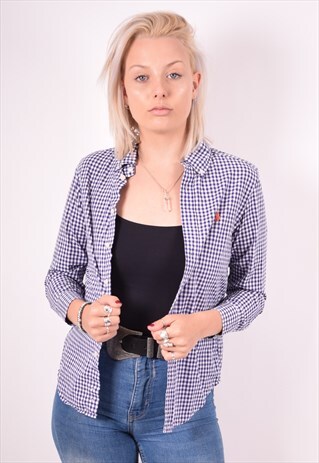 RALPH LAUREN WOMENS VINTAGE SHIRT MEDIUM BLUE CHECK 90S