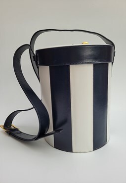 Vintage Navy Blue and White Leather Shoulder Bucket Bag