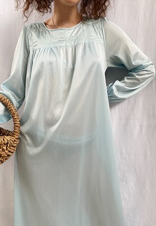 VINTAGE 70S EGGSHELL BLUE EMBROIDERED BOHEME SLIP DRESS