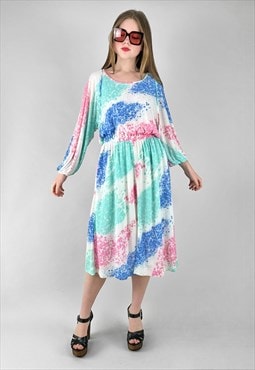 Sora 70's Vintage White Pink Blue Slinky Ladies Midi Dress