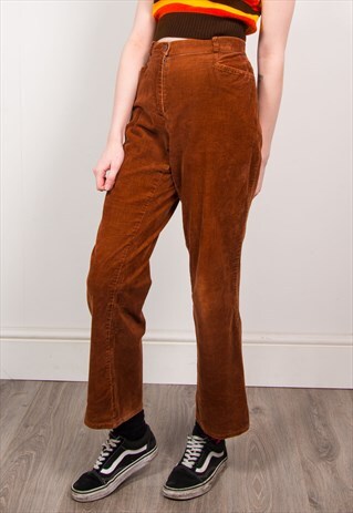 VINTAGE 70'S BURNT BROWN CORD HIGH WAIST KICK FLARE TROUSERS