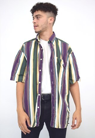 VINTAGE 90S PURPLE GREEN VERTICAL STRIPE SHIRT