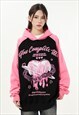 Chain hoodie heart print pullover grunge raglan top in pink