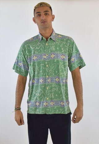 VINTAGE 90S GREEN BLUE HAWAIIAN SHORT SLEEVE SHIRT