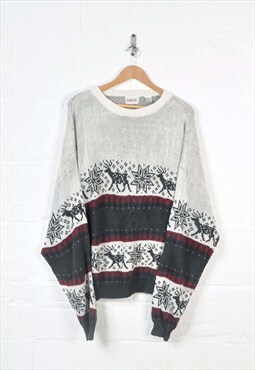 Vintage Knitted Jumper Retro Pattern White/Grey XL