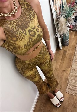 Crop Top & Flares Set in Gold Holographic Leopard