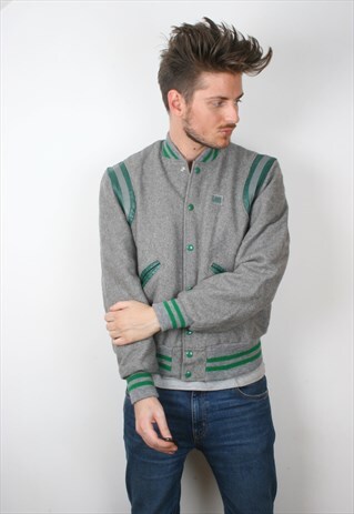 VINTAGE GREY GREEN VARSITY LINED LEE JACKET
