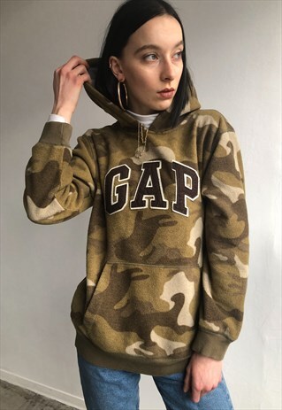 VINTAGE GAP UNISEX GREEN CAMOUFLAGE HOODED FLEECE