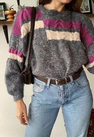 VINTAGE 80S ABSTRACT HANDKNITTED JUMPER SWEATER PULLOVER