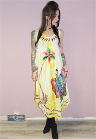 90S VINTAGE STYLE YELLOW TROPICAL PRINT SUMMER MAXI DRESS