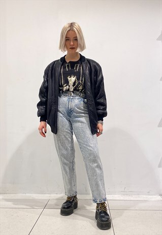 TEXTURED BLACK LEATHER BOMBER JACKET