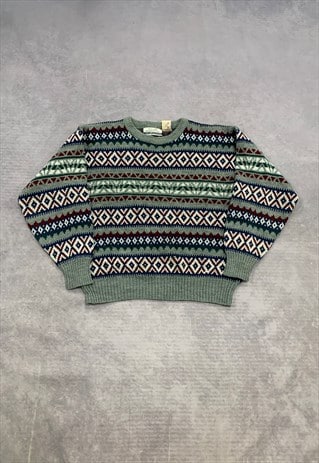 VINTAGE KNITTED JUMPER ABSTRACT PATTERNED GRANDAD SWEATER