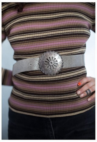 VINTAGE 70'S GREY LEATHER MASSIVE BUCKLE BELT