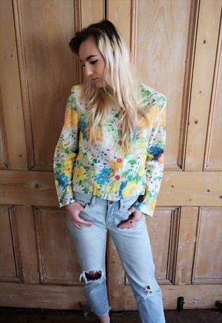 VINTAGE 80S CROPPED WHITE FLORAL LIGHT JACKET