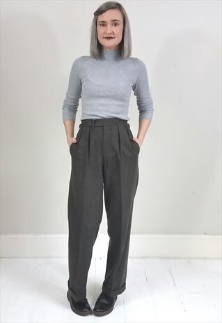 VINTAGE 80'S OLIVE GREEN WOOL HIGH WAISTED TROUSERS
