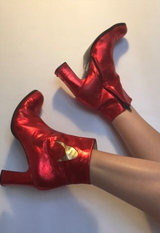VINTAGE 90S METALLIC RED HEELED BOOTS HALLOWEEN