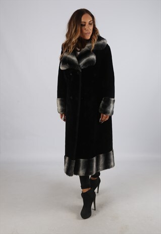 VINTAGE FAUX FUR COAT JACKET MID LONG UK L 14 (GJ3D)