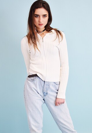 90'S RETRO NEUTRAL KNIT RIBBED TEEN CARDI TOP