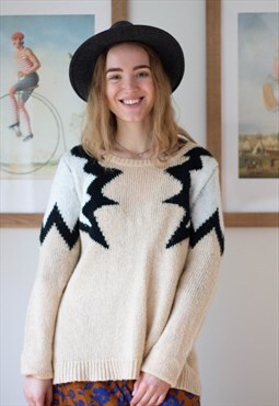 Cream knitted jumper with geometric prints