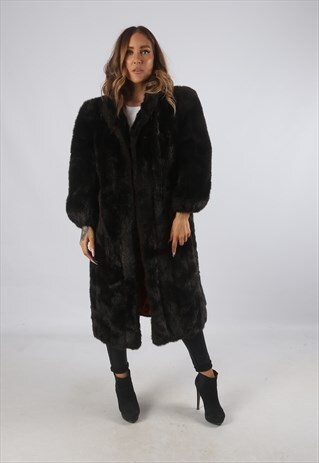 VINTAGE FAUX FUR COAT JACKET MID LONG UK L 14 (9BI)