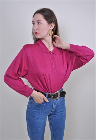 80S PINK COLLARED SWEATER, RETRO KNITTED BUTTONS POLO JUMPER