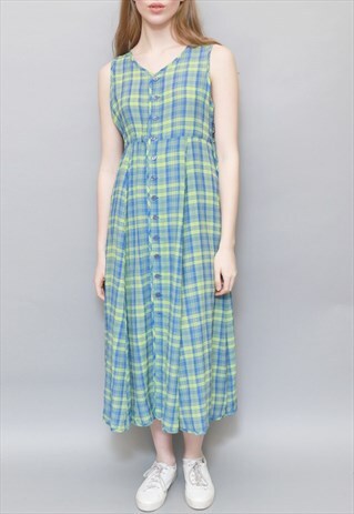 VINTAGE 1990'S GREEN & BLUE CHECK PRINT BUTTON UP MIDI DRESS