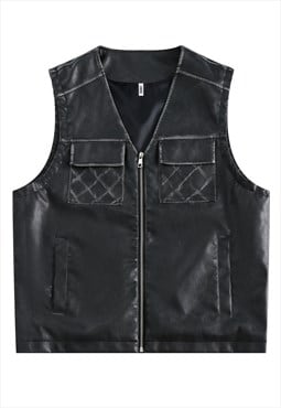 Sleeveless faux leather jacket utility gilet PU vest black