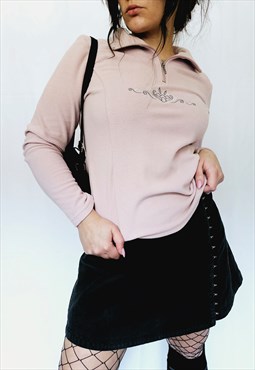 90s pink embroidered thin fleece zip collar jumper sweater
