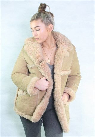 VINTAGE 80'S SUEDE SHEEPSKIN SHEARLING LINED COAT BROWN