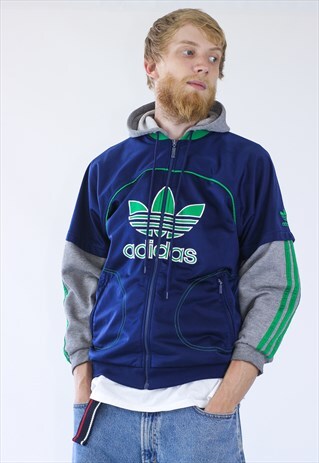 VINTAGE MENS ADIDAS HOODED TRACK TOP BIG LOGO JACKET