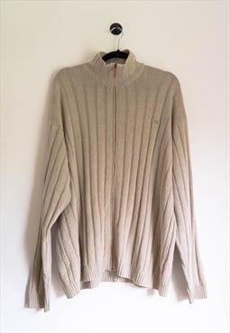 Unisex 00s Burberry Beige Full Zip Knit Rib Cardigan Sweater