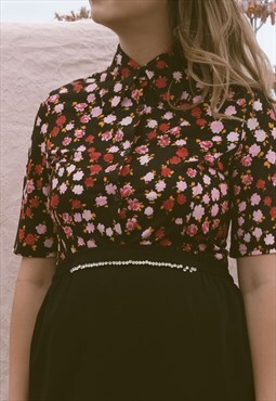 Black Floral 70s Retro Penny Collar Shirt