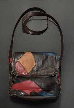 80's Vintage Brown Leather Patchwork Cross Body Bag