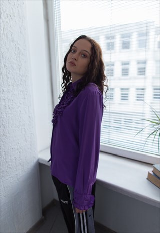 VINTAGE 80'S PURPLE SHIMMERING RUFFLE FRONT BLOUSE