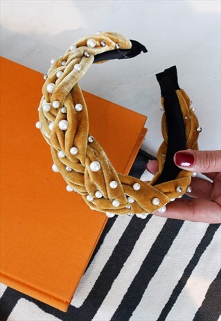YELLOW VELVET PLATED PEARL PADDED ALICE HEAD BAND