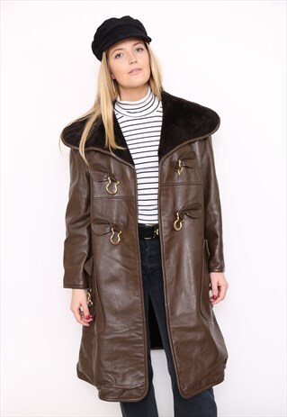VINTAGE 80S BROWN LEATHER FAUX FUR COAT