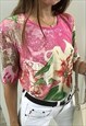 VINTAGE Y2K GLADIOLUS PRINT MESH SHEER TEE BLOUSE TOP PINK