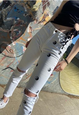 Milabell high waist white cropped jeans with yin yang print