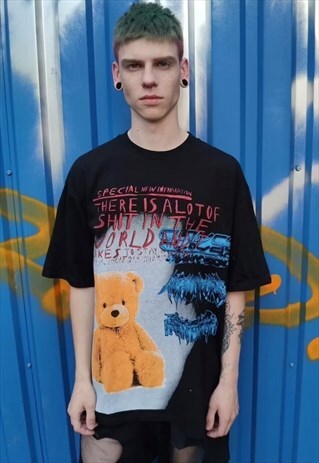 TEDDY T-SHIRT GRAFFITI TEE Y2K BEAR TOP SUBCULTURE TEE BLACK
