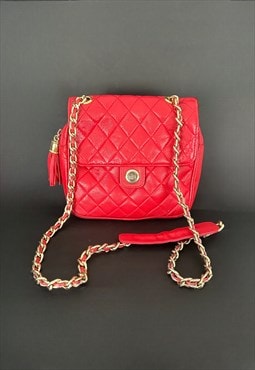 Vintage 80's Red Bag Soft Red Quilted Leather Gold Chain 