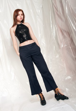 VINTAGE CROP TROUSERS Y2K PINSTRIPED FLARE SUIT PANTS