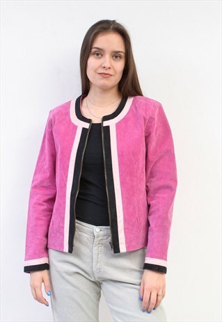 Vintage Women's M Real Suede Leather Pink Jacket Blazer Zip