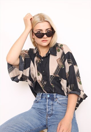 VINTAGE 90S PRINT SILK OVERSIZED BLOUSE SHIRT