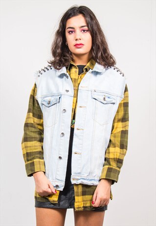 VINTAGE 90'S STUDDED SPIKE LIGHT BLUE DENIM WAISTCOAT GILET