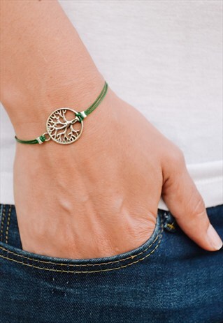 SILVER TREE OF LIFE BRACELET WITH A GREEN CORD, GIFT FOR HER