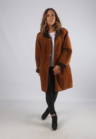 VINTAGE SHEEPSKIN SUEDE SHEARLING COAT SHORT MID UK 16 (J9BG