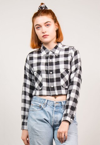 VINTAGE 90'S MONOCHROME CHECK CROPPED FLANNEL SHIRT