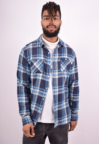 MENS VINTAGE SHIRT LARGE BLUE CHECK 90'S