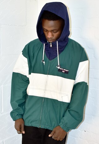VINTAGE 90S POLO SPORT STRIPE HOODED WINDBREAKER JACKET